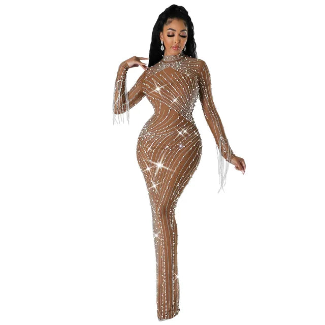 Women Mesh Tassel Long Sleeve Diamonds Hot Rhinestones Bodycon Midi Maxi Long Dress and Tank Inner Dresses 2piece Suit