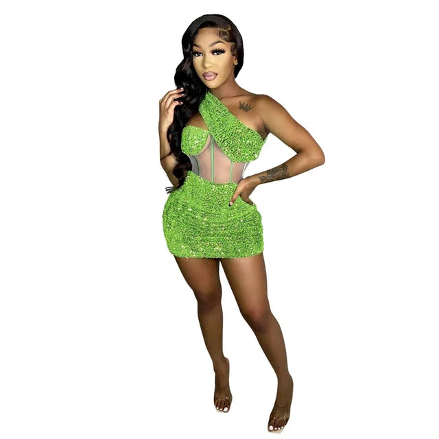 Women Sequined Halter Neck Sleeveless Bodycon Mesh Mini Midi Dress Summer Sexy Club Party Evening Dresses