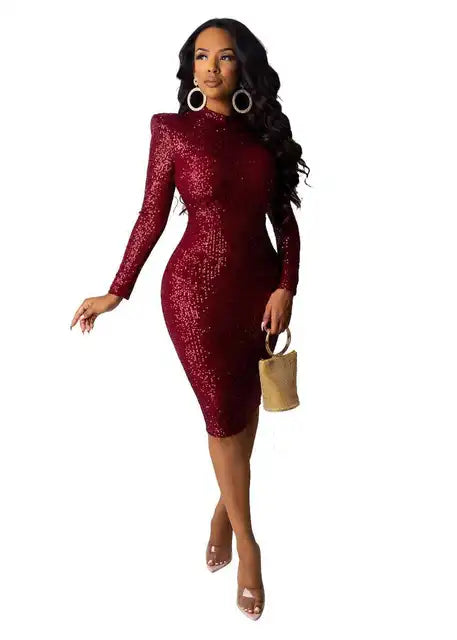 Spring Winter Dress Women Sequined Sexy Full Sleeve Bodycon O-Neck Night Club Party Street Bandage Midi Pencil Dresses