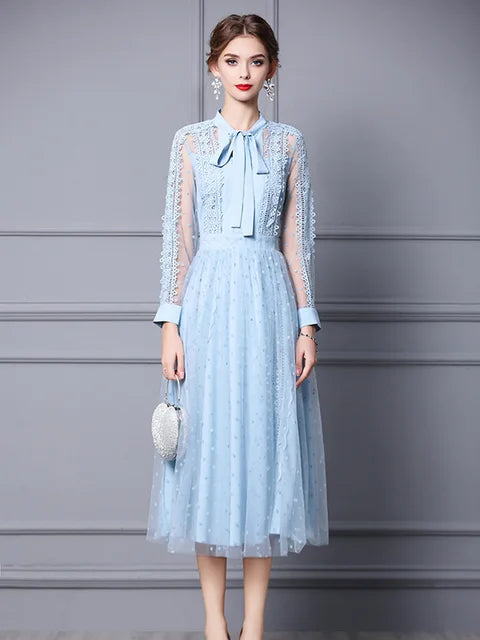 Elegant Bow Collar Lace Patchwork Midi Mesh Dresses for Women Party Designer Long Sleeve Sexy Vestidos