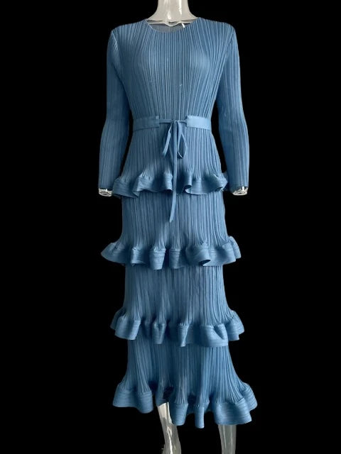 Long Pleated Dress Women Round Neck Solid Color Ruffles Belt Dresses Multi-layer Female Elegant Clothing