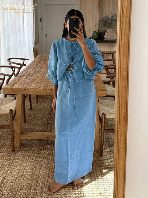 Casual Loose Khaki Cotton 2 Piece Sets Women Outfit Fashion Puff Sleeve Lace-Up Shirt With High Waist Long Skirts Set