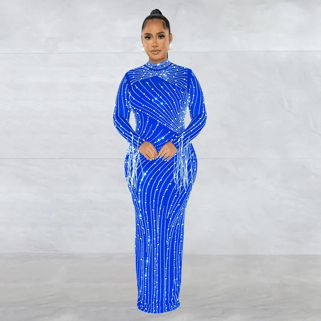 Women Mesh Tassel Long Sleeve Diamonds Hot Rhinestones Bodycon Midi Maxi Long Dress and Tank Inner Dresses 2piece Suit
