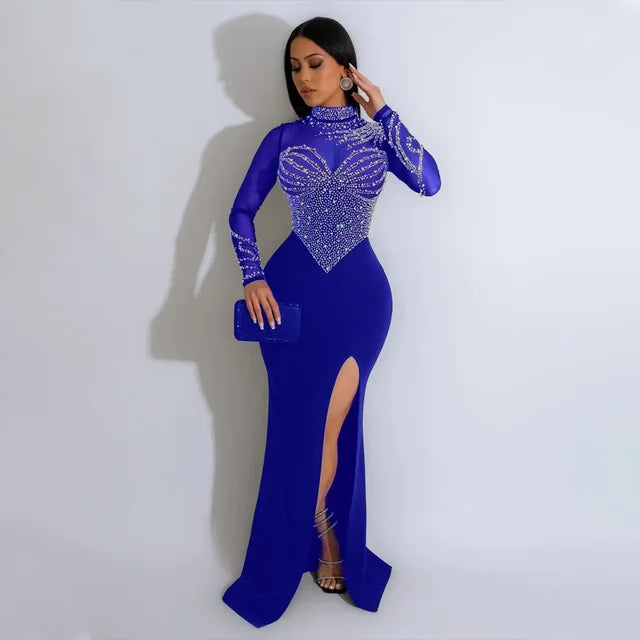 Women Long Sleeve Diamonds Hot Rhinestones High Side Split Mermaid Midi Maxi Dress Sexy Party Dresses