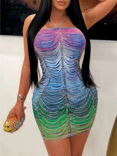 Backless mini rhinestone party dress women elegant luxury bodycon club evening dresses