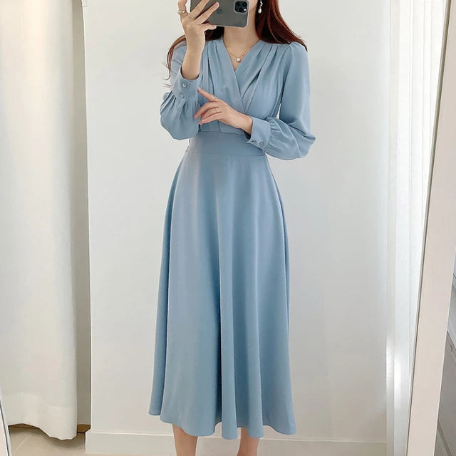 Office Lady V-neck Puff Sleeve A-line Maxi Dresses for Woman Solid Color Midi Office Dresses Elegant Spring