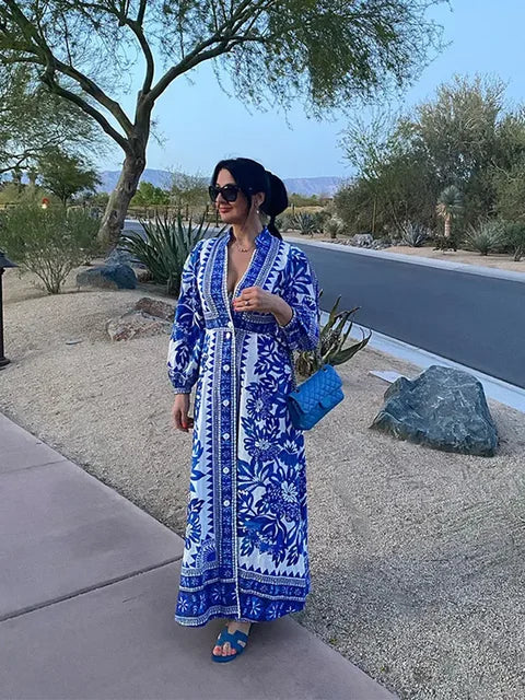 Fashion Blue Print Single Breast Maxi Dress Women Elegant Lapel Long Lantern Sleeves Long RobesBeach Vocation