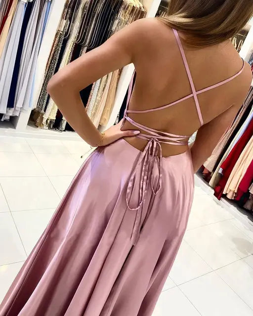 Burgundy Satin Maxi Flared Bridesmaid Dress Slit Sexy Open Back A Line Wedding Evening Gown with Train
