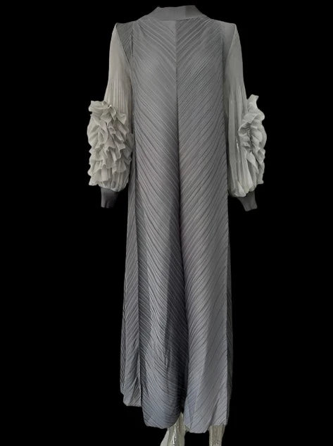 Maxi Pleated Dress Round Neck Spliced Full Sleeve Dresses For Women