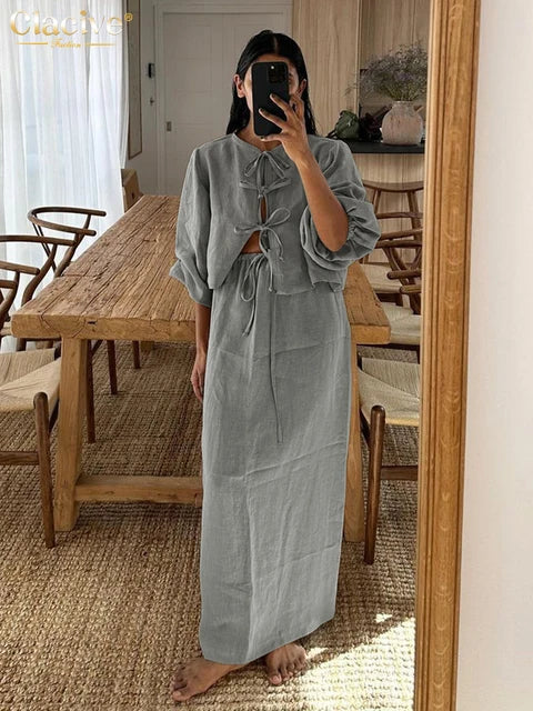 Casual Loose Khaki Cotton 2 Piece Sets Women Outfit Fashion Puff Sleeve Lace-Up Shirt With High Waist Long Skirts Set