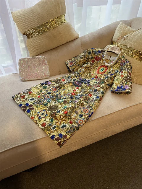 European Fashion Retro Exquisite Rhinestone Beaded Luxury Dress Women Party Night