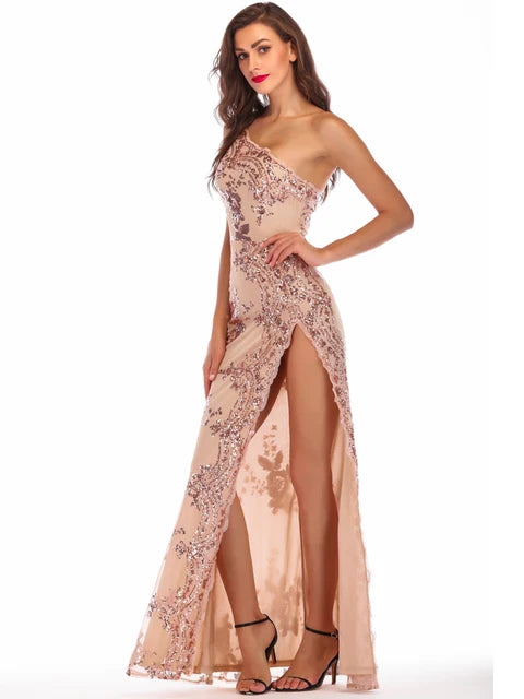 One shoulder Sequins Long dress women summer party dress elegant luxury Night club bodycon maxi dresses