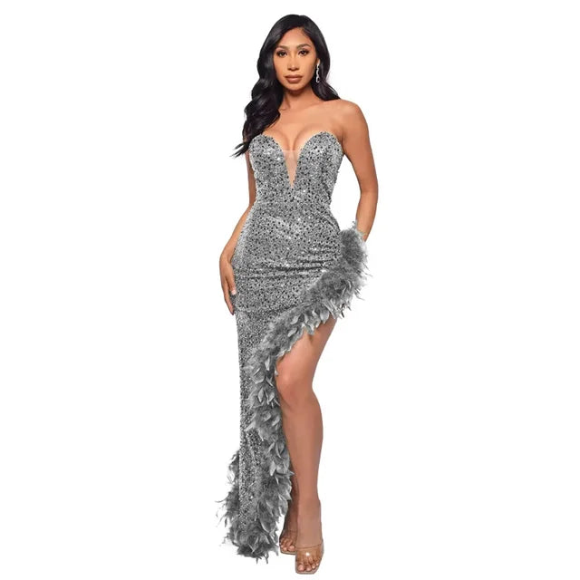Women Sequined Strapless Feather High Side Split Strapless Bodycon Midi Maxi Dress Sexy Club Evening Party Dresses Night Lady
