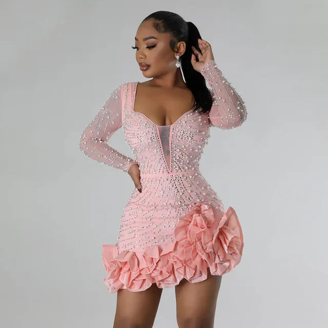 Spring Women Long Sleeve Ruffles Hot Drilling Bead Short Dress Sexy Night Club Evening Birthday Mini Dresses