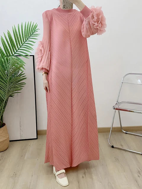 Maxi Pleated Dress Round Neck Spliced Full Sleeve Dresses For Women