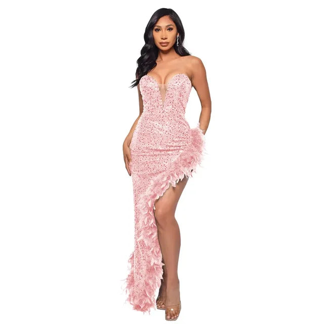 Women Sequined Strapless Feather High Side Split Strapless Bodycon Midi Maxi Dress Sexy Club Evening Party Dresses Night Lady