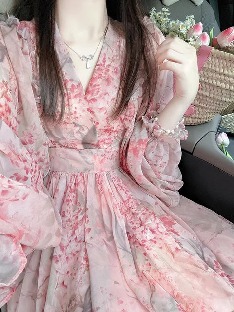 V-Neck Dress Print Fashion Long Sleeve Chiffon Women Pink Clothes Summer