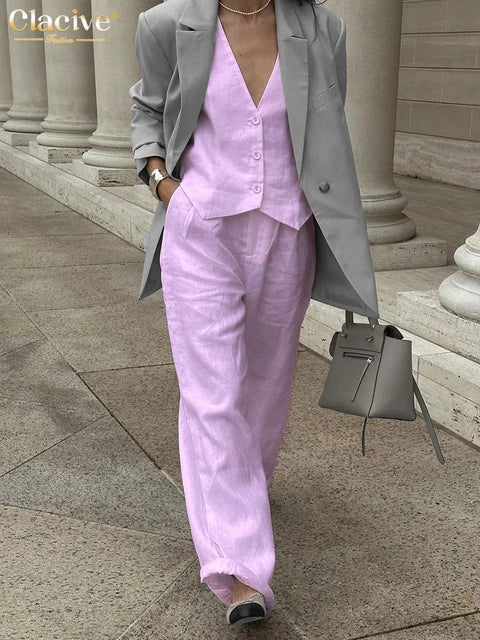 Office Lady Linen Two Piece Set For Women 2024 Fashion Sleeveless Tank Top New In Matching High Waist Wide Pants Set