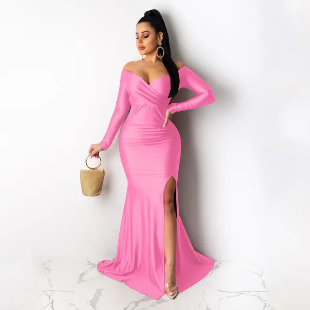 Fall Winter Women Off Shoulder Plunging V-neck High Side Split Mermaid Maxi Dress Sexy Night Party Club Long Dresses