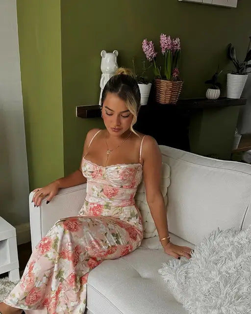 Summer Spaghetti Strap Floral Print Party Dresses Elegant Maxi Bodycon Wedding Guest Holiday Dress