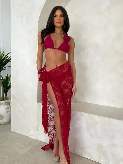 Fashion Sexy Solid Three Piece Bikini Set Padded Bra Tassel High Waist Beach Skirt Swimwear Summer Beach Holiday Bathing Suit