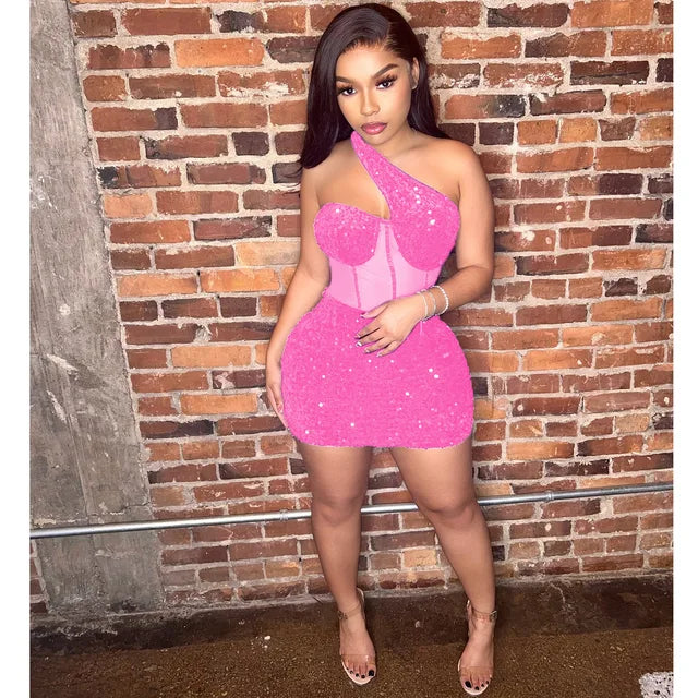 Women Sequined Halter Neck Sleeveless Bodycon Mesh Mini Midi Dress Summer Sexy Club Party Evening Dresses