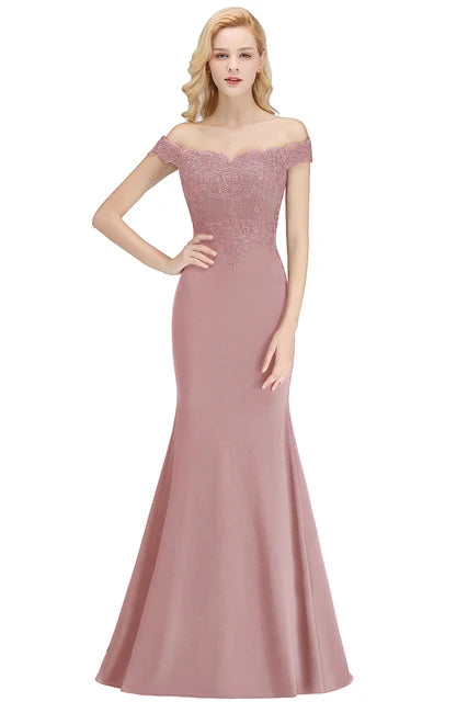 Embroidered Illusion Lace Tops Bridesmaid Dress Off-the-shoulder Neckline Draped Banded Sleeves Mermaid Gown