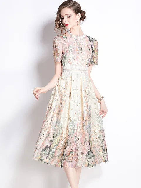 Lace Hollowed Out Summer Dress Women's Water-Soluble Printed Mid Length Dress