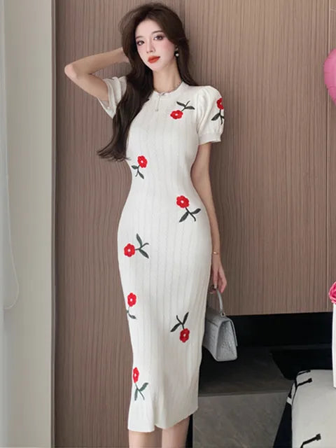 Embroidered Rose Knitted Dress For Women Runway Designer French Puff Sleeve Summer Dresses