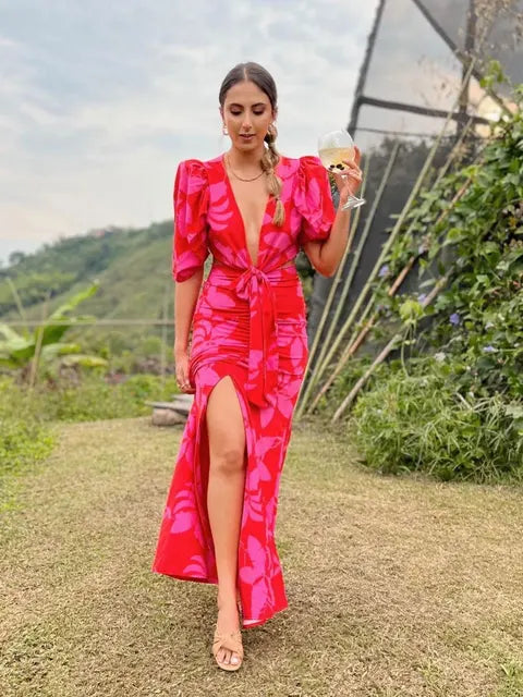 V Neck Dress Women Elegant Print Cutout Short Puff Sleeve Long Dress Summer Bodycon Evening Party Clothing