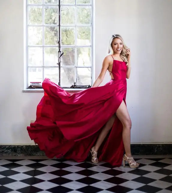 Prom Dress Spandex satin Slit Side Dress A-LINE Scoop Stretch High Split Long Evening Party Wedding Guest Gown