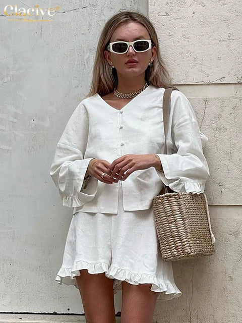 Fashion Beige Linen 2 Piece Sets Women Outfit Long Sleeve Shirts With High Waist Ruffle Shorts Set Female