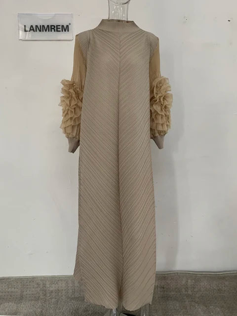 Maxi Pleated Dress Round Neck Spliced Full Sleeve Dresses For Women