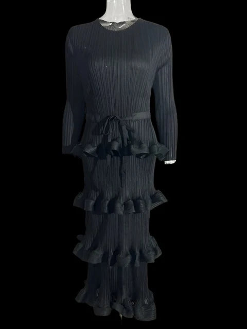 Long Pleated Dress Women Round Neck Solid Color Ruffles Belt Dresses Multi-layer Female Elegant Clothing