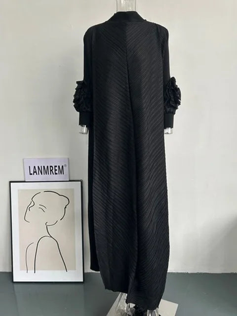 Maxi Pleated Dress Round Neck Spliced Full Sleeve Dresses For Women