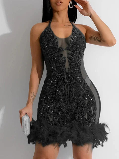 Sexy Solid Sequins Shimmer Patchwork See-Through Feathers Mesh Halter Wrapped Skirt Dresses(Red/XL)