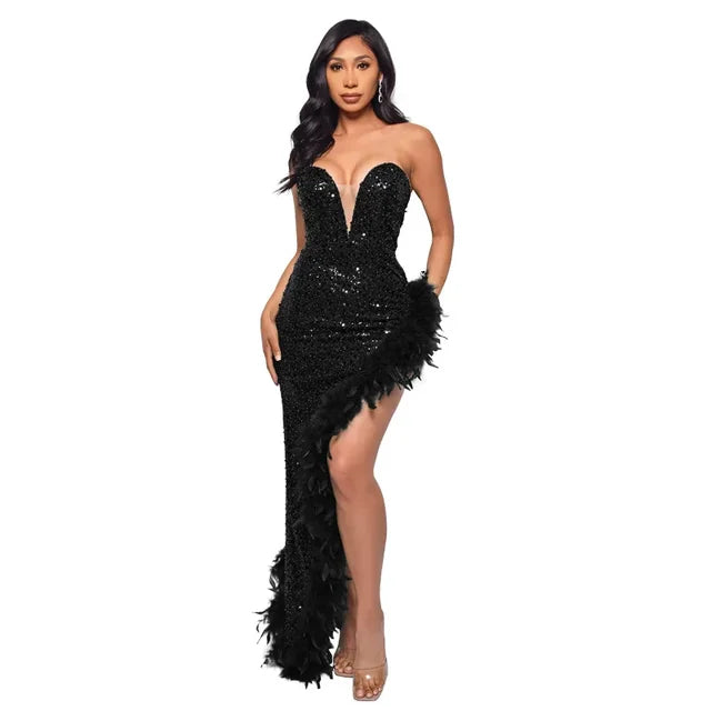 Women Sequined Strapless Feather High Side Split Strapless Bodycon Midi Maxi Dress Sexy Club Evening Party Dresses Night Lady
