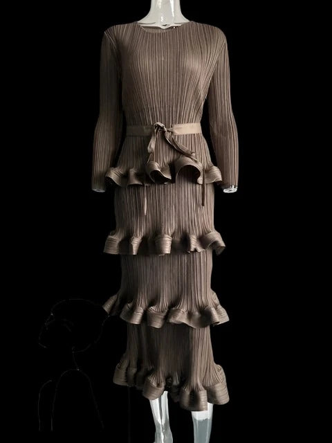 Long Pleated Dress Women Round Neck Solid Color Ruffles Belt Dresses Multi-layer Female Elegant Clothing