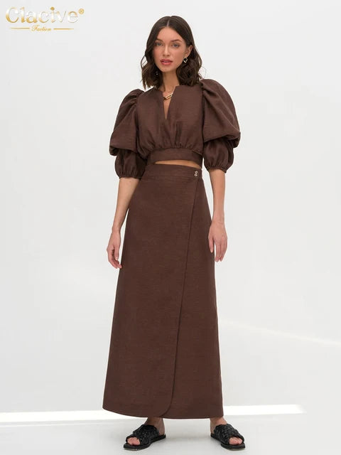 Fashion Loose Brown Linen 2 Piece Set Women Outfit Summer Long Sleeve Crop Shirt With High Waist Long Skirts Set Female