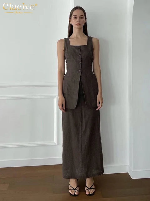 Summer Slim Brown Cotton 2 Piece Sets Women Outfit Elegant Sleeveless Tank Top With High Waist Long Skirts Set