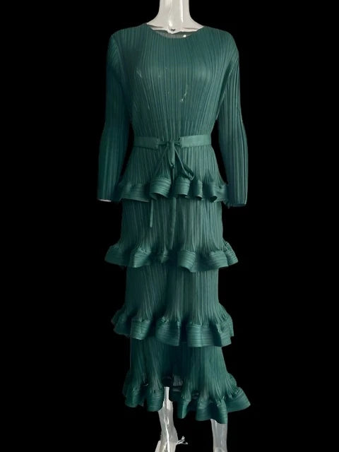 Long Pleated Dress Women Round Neck Solid Color Ruffles Belt Dresses Multi-layer Female Elegant Clothing
