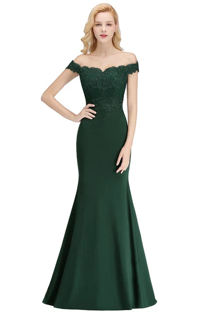 Embroidered Illusion Lace Tops Bridesmaid Dress Off-the-shoulder Neckline Draped Banded Sleeves Mermaid Gown