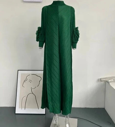 Maxi Pleated Dress Round Neck Spliced Full Sleeve Dresses For Women