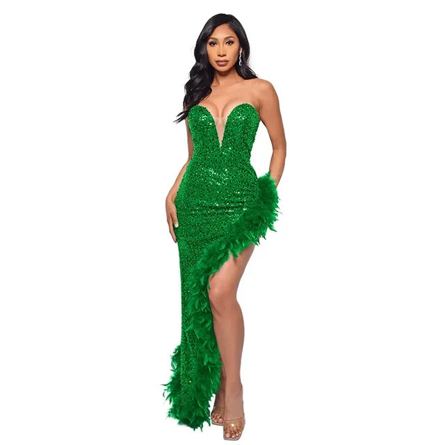 Women Sequined Strapless Feather High Side Split Strapless Bodycon Midi Maxi Dress Sexy Club Evening Party Dresses Night Lady