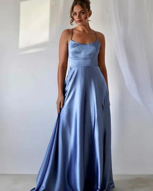 Prom Dress Spandex satin Slit Side Dress A-LINE Scoop Stretch High Split Long Evening Party Wedding Guest Gown