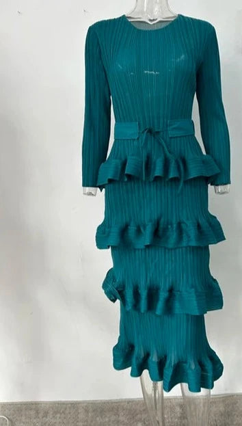 Long Pleated Dress Women Round Neck Solid Color Ruffles Belt Dresses Multi-layer Female Elegant Clothing