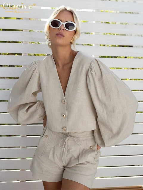 Casaul Loose Khaki Linen 2 Piece Sets Women Outfit Fashion Long Sleeve Shirt With High Waist Shorts Set Female