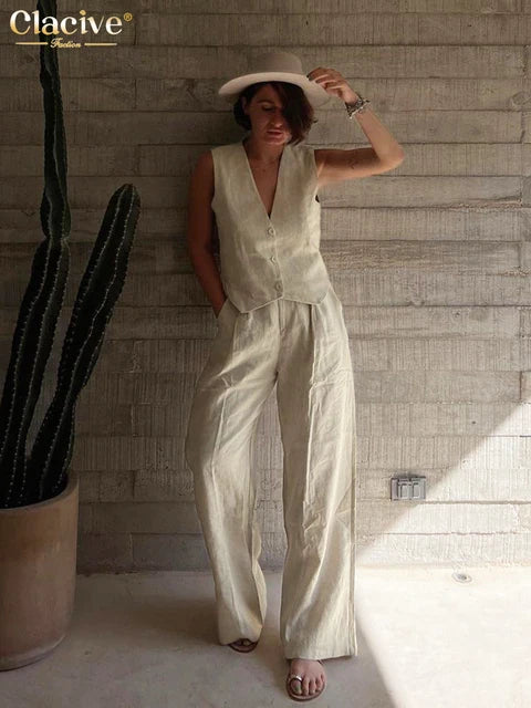 Office Lady Linen Two Piece Set For Women 2024 Fashion Sleeveless Tank Top New In Matching High Waist Wide Pants Set