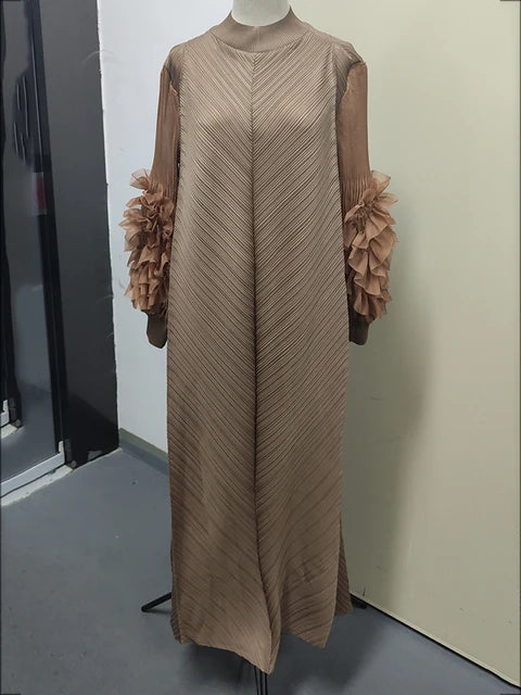 Maxi Pleated Dress Round Neck Spliced Full Sleeve Dresses For Women