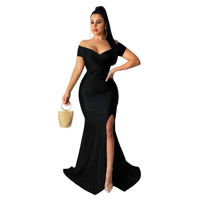 Fall Winter Women Off Shoulder Plunging V-neck High Side Split Mermaid Maxi Dress Sexy Night Party Club Long Dresses